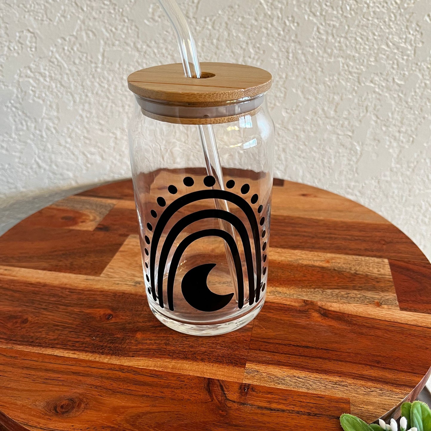 Crescent Moon Boho Rainbow Glass Can 16oz with Bamboo Lid and Glass Straw