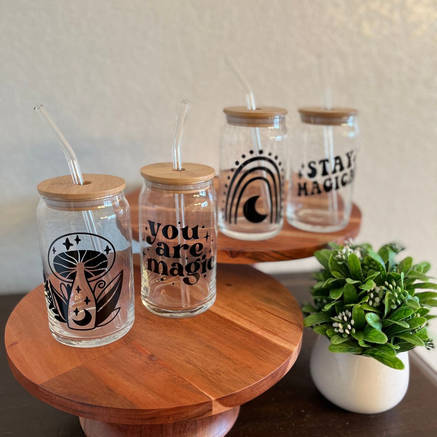 Stay Magical Glass Can 16oz with Bamboo Lid and Glass Straw