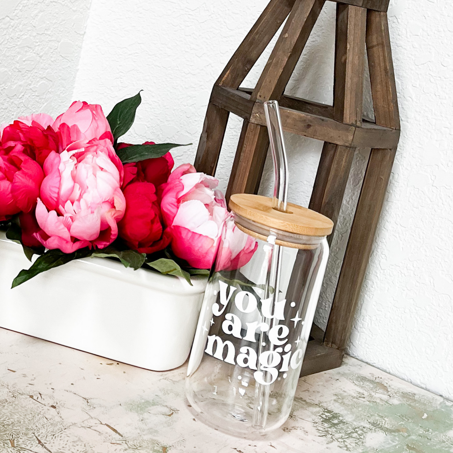 You Are Magic 16oz Glass Can Beer Can with Bamboo Lid and Glass Straw