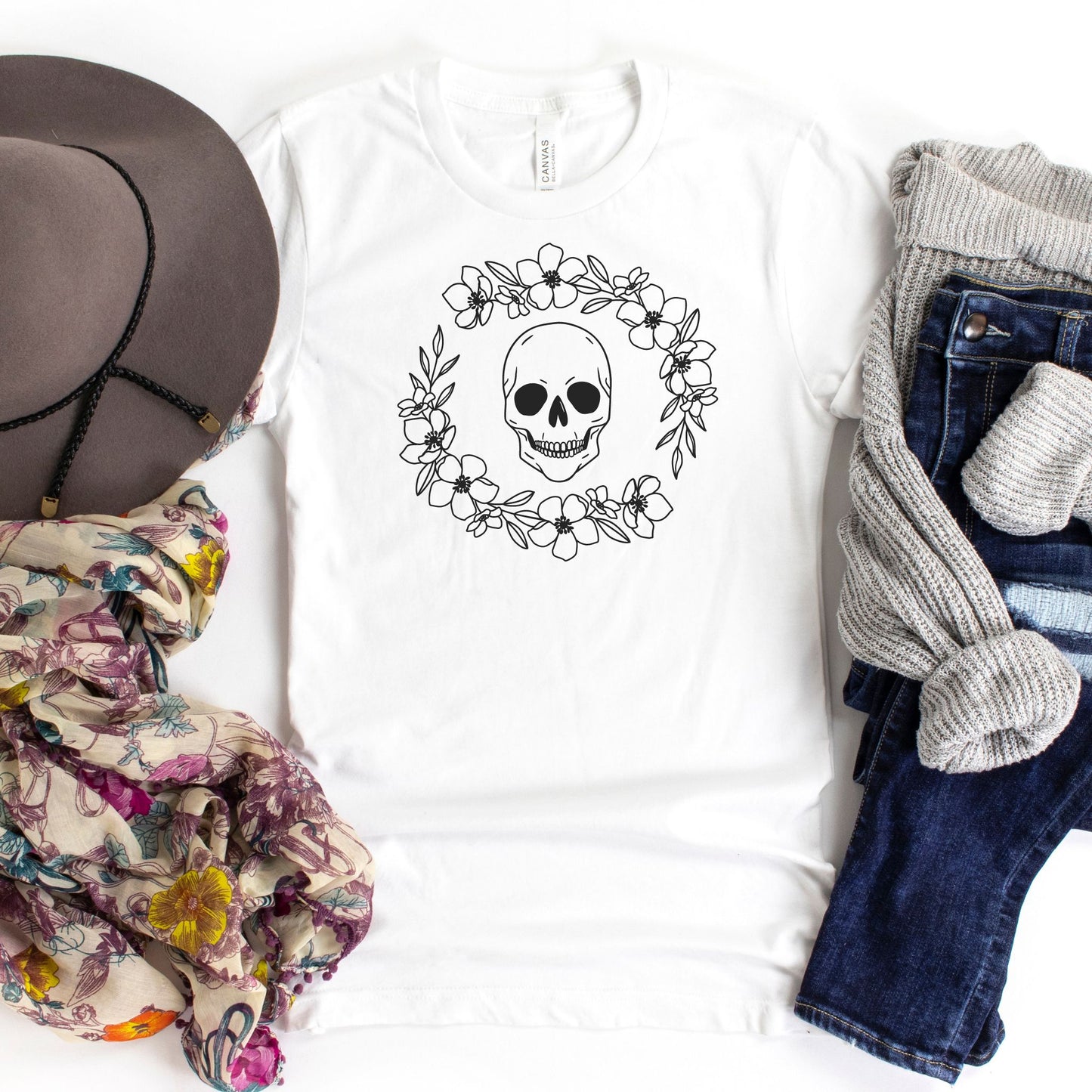 Blossom Skull Wreath Graphic Tee in White