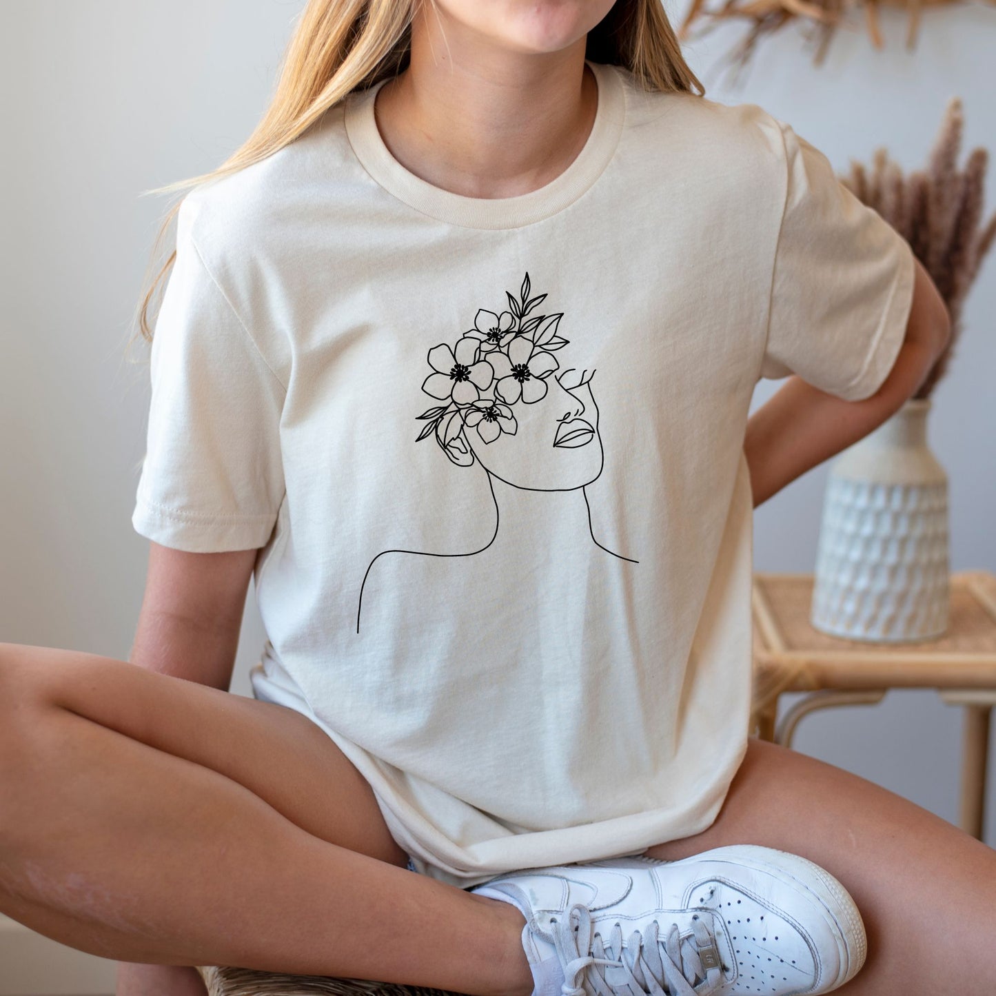 Floral Face Graphic Tee in Natural