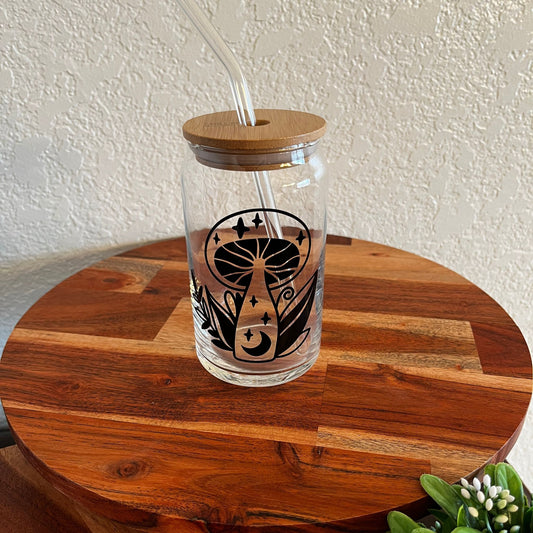 Mushroom Magic Glass Can 16oz with Bamboo Lid and Glass Straw