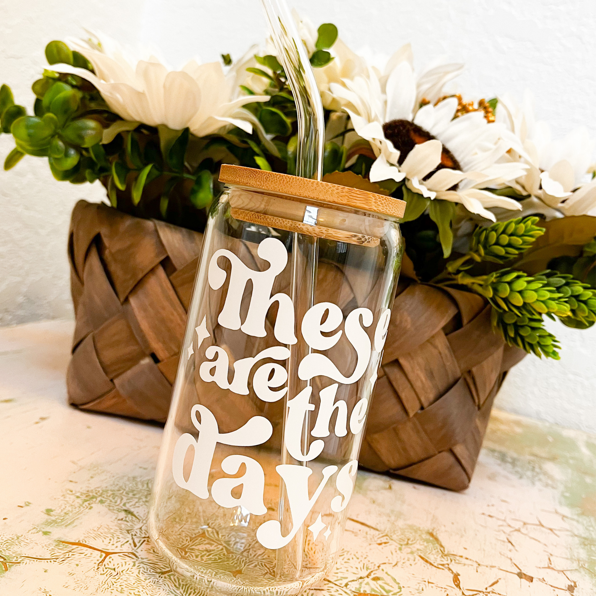 “Summer Daisies” Glass Can Cold Drink Cup w/Bamboo Lid & Glass Straw